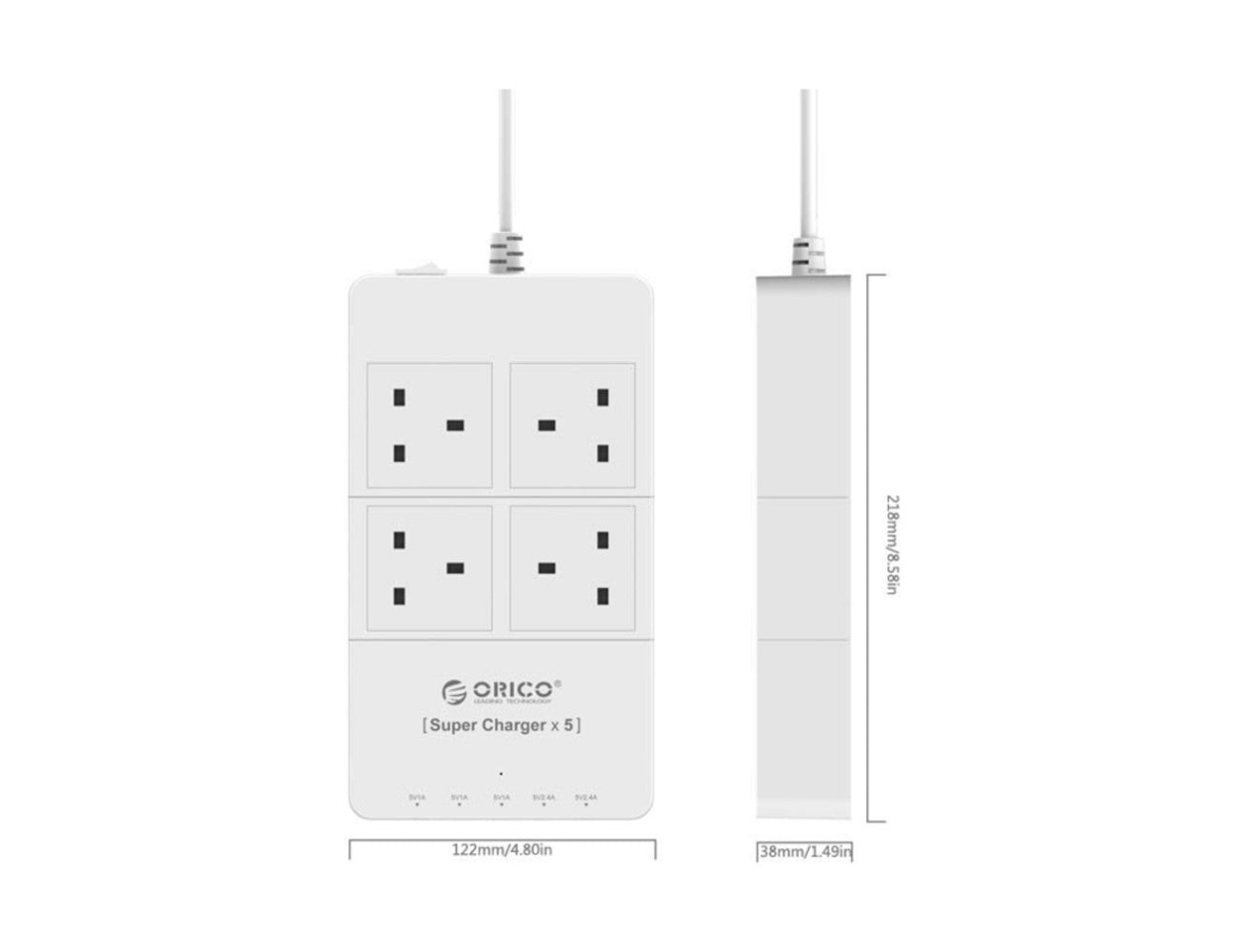 ORICO 4 AC Outlets and 5 USB Charger Surge Protector - White