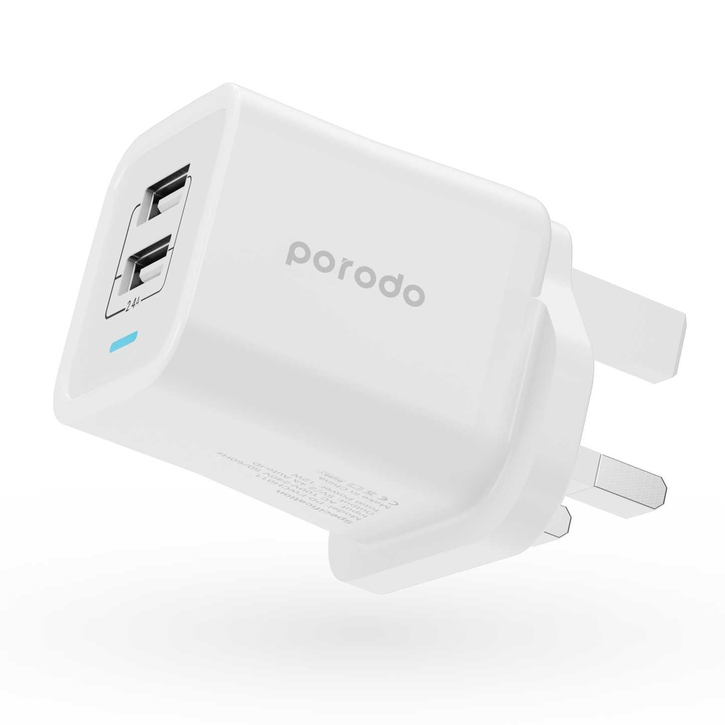 Porodo Dual Port Wall Charger 2.4A With 1.2m Lightning Cable - White