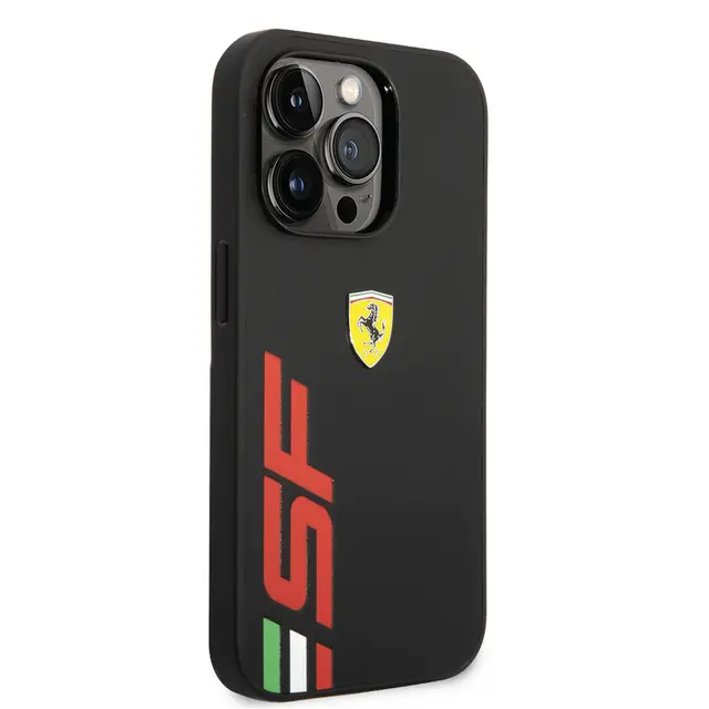 Ferrari iPhone 14 Pro PU Leather Case With Printed Big SF Logo - Black