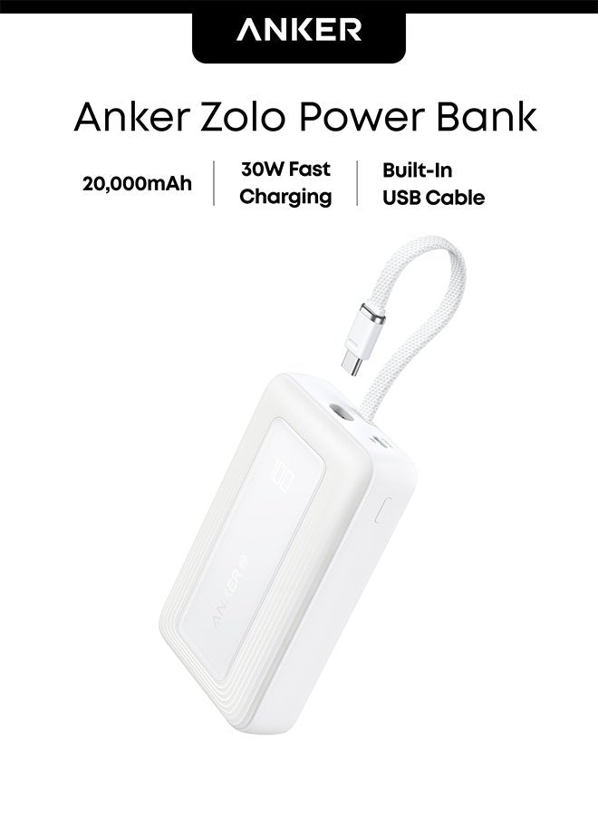 Anker Power Bank Built-In USB-C Cable - 20000 mAh / 30W / White