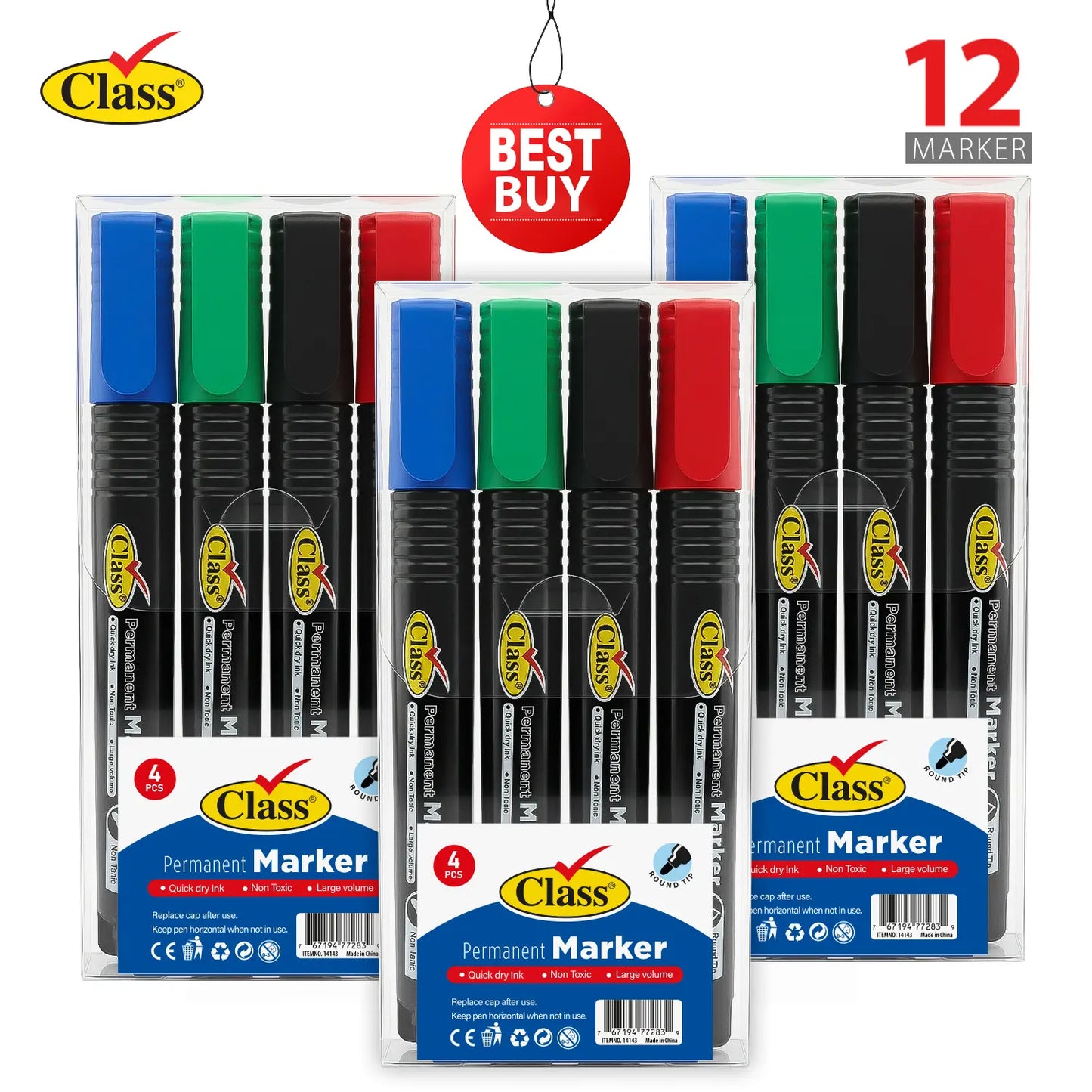 Class S.O 4 Colors Permanent Marker - Pack Of 3