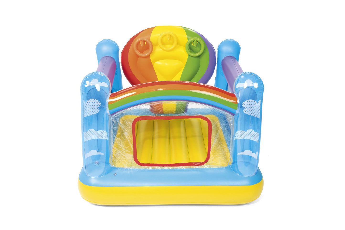 Bestway 1.75m x 1.73m x 1.37m jumpin' balloon bouncer (contents:1 bouncer,3 inflatable ring,repair patch,4 foot pins) age 3+