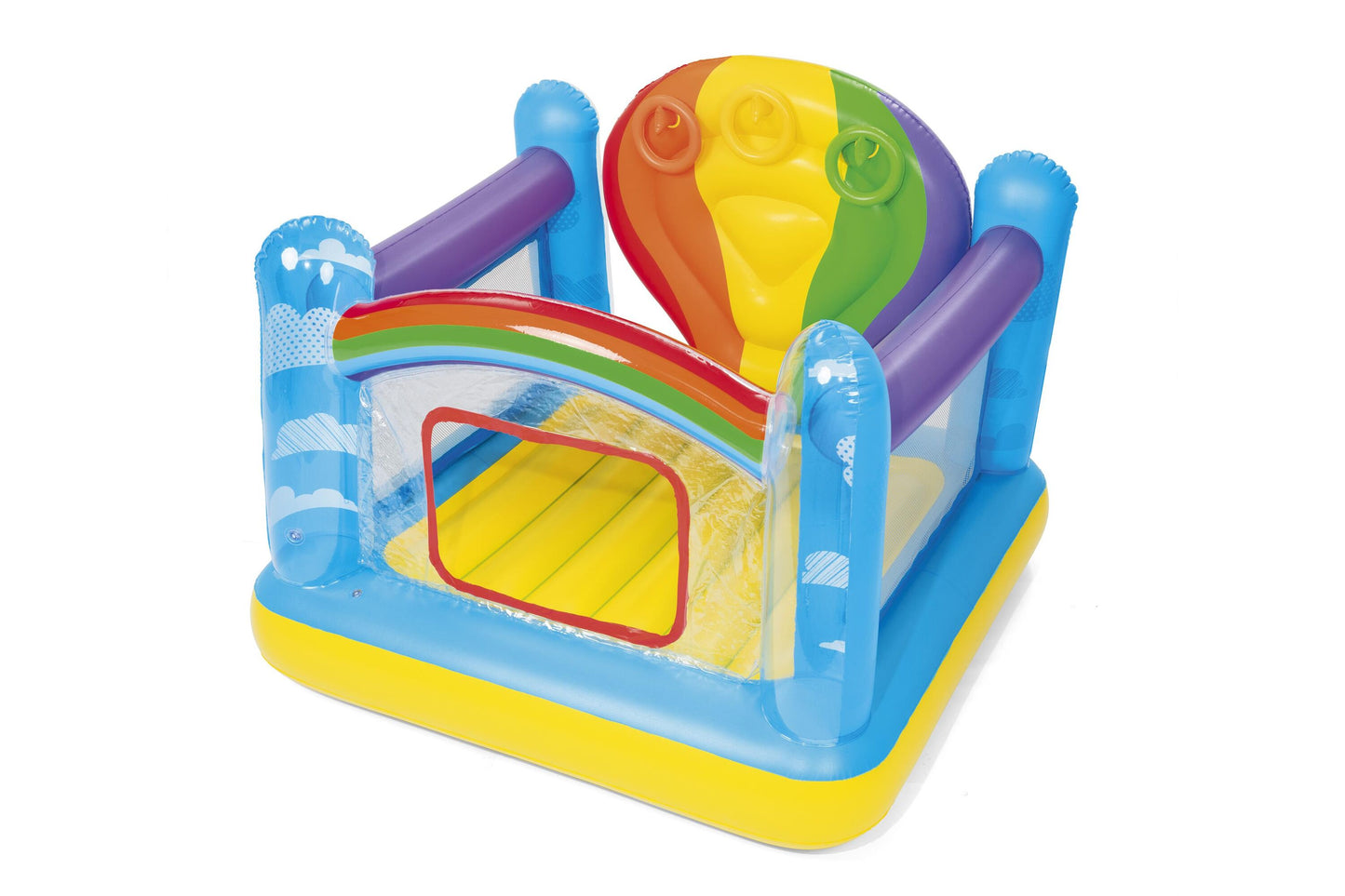 Bestway 1.75m x 1.73m x 1.37m jumpin' balloon bouncer (contents:1 bouncer,3 inflatable ring,repair patch,4 foot pins) age 3+