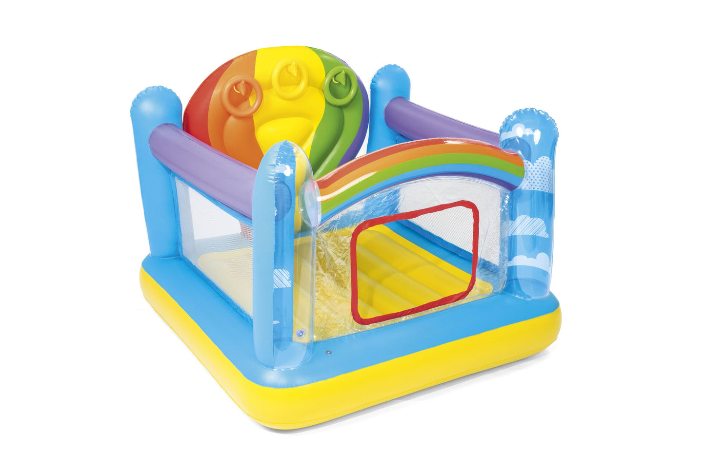 Bestway 1.75m x 1.73m x 1.37m jumpin' balloon bouncer (contents:1 bouncer,3 inflatable ring,repair patch,4 foot pins) age 3+