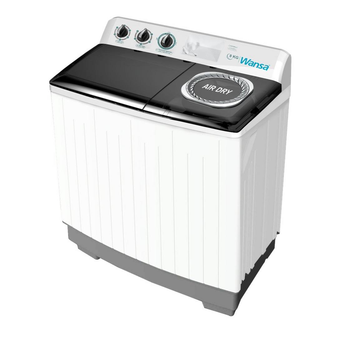 Wansa 8kg Twin Tub Washer, 5KG Spin Capacity, WTT80-WHM24C10 - White with Gray Lid