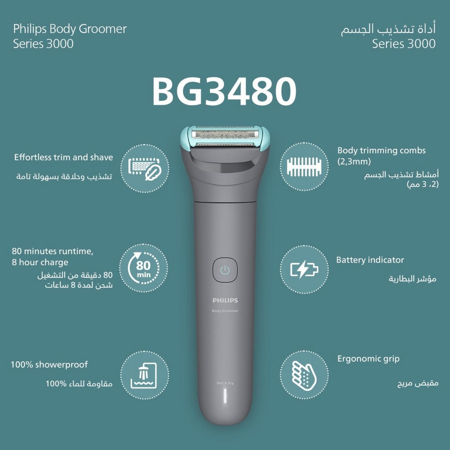 Philips Body Groomer BG3480/15 | Trim & shave body hair | 100% showerproof | Skin-friendly | 2 & 3 mm combs | Up to 80 min cordless | Battery indicator | USB charging