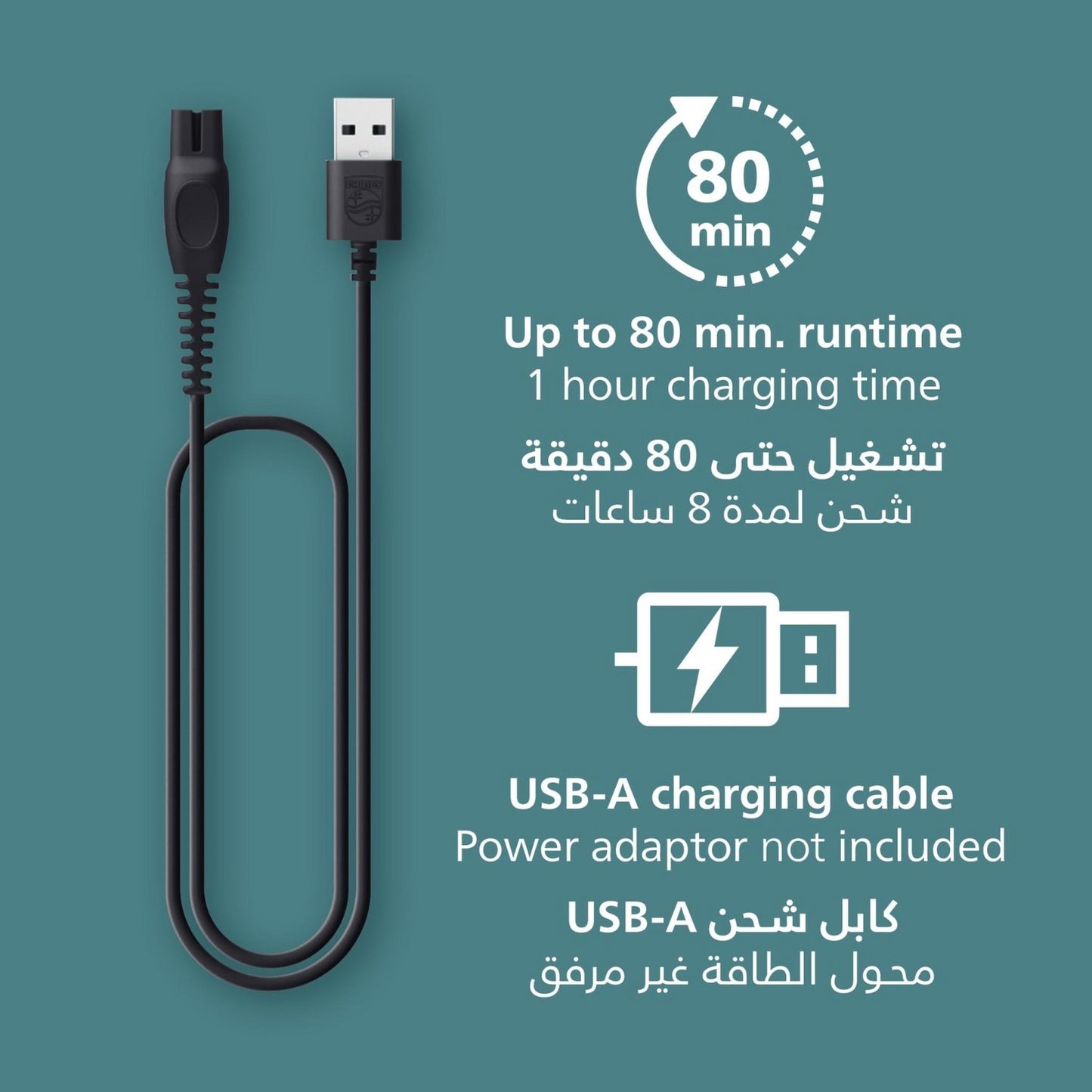 Philips Body Groomer BG3480/15 | Trim & shave body hair | 100% showerproof | Skin-friendly | 2 & 3 mm combs | Up to 80 min cordless | Battery indicator | USB charging
