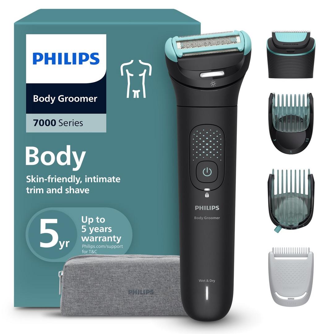 Philips Body Groomer BG7470/15 | Trim & shave body hair | Wet & dry | Flexible head follows body | Smooth, skin-friendly results | Combs 1–3 & 3–7 mm + sensitive area comb | Up to 120 min cordless