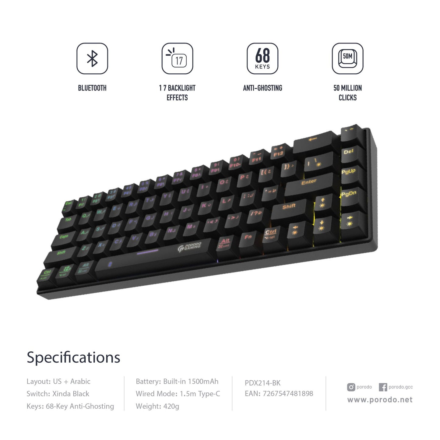 Porodo Gaming 68Keys Mechanical Keyboard with Wired and Bluetooth Dual Version - Black