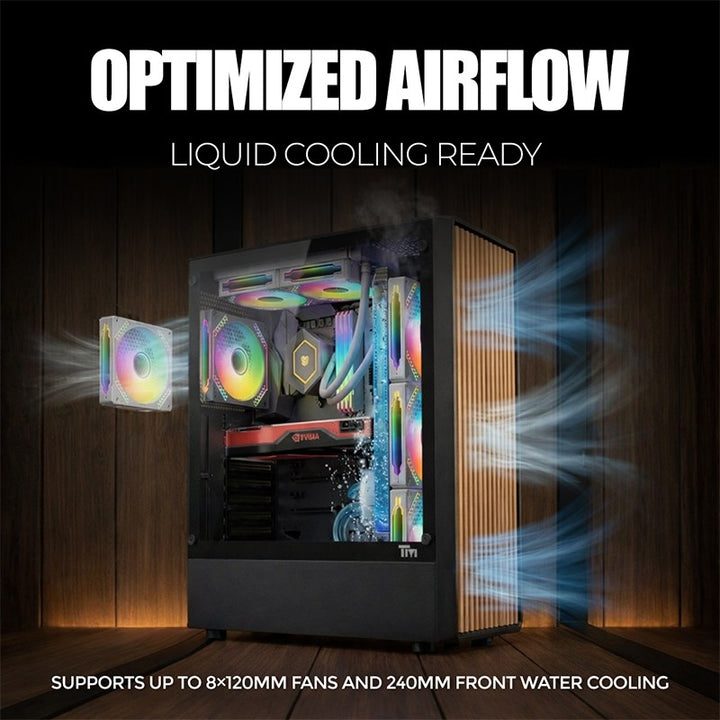 Twisted Minds WoodX Series ATX Mid Tower Gaming Case - Black (4 ARGB Fans Included)