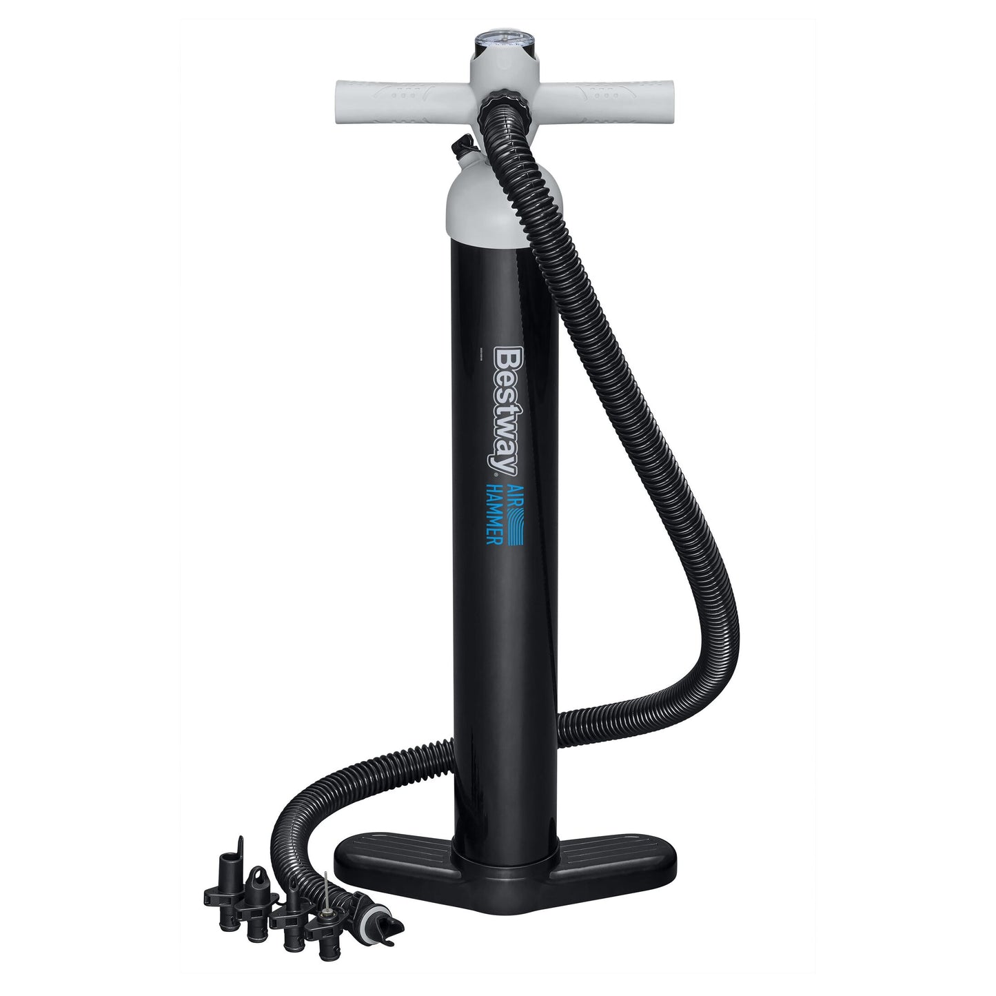Bestway air hammer sport high pressure manual air pump (hand pump, flexible hose(1.2m), 5 sizes of safety valve adaptors,)