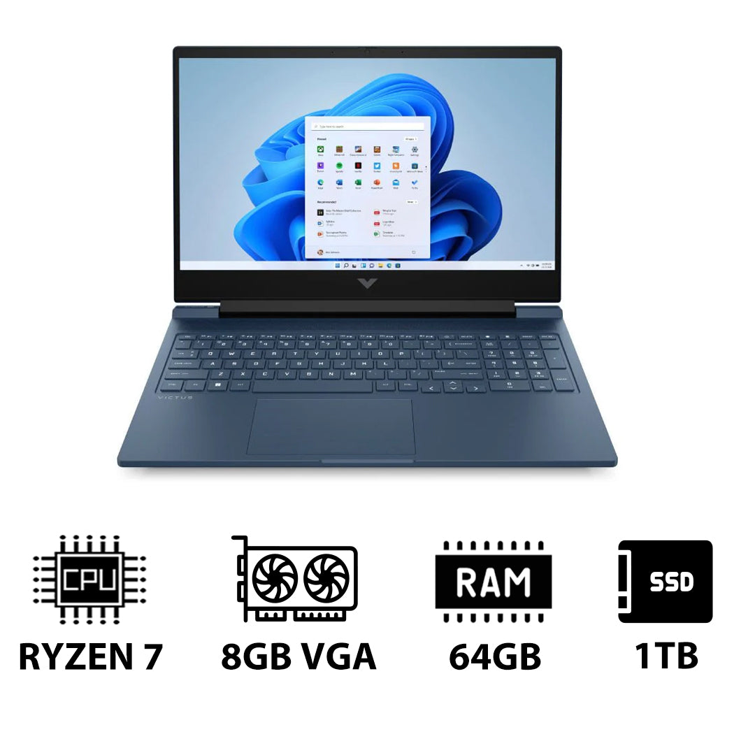 HP Victus Gaming Laptop 16-S0023NE - 16.1" QHD / AMD Ryzen 7 / 64GB / 1TB (NVMe M.2 SSD) / RTX 4070 8GB VGA / Win 11 Home / 1YW / Performance Blue - Laptop