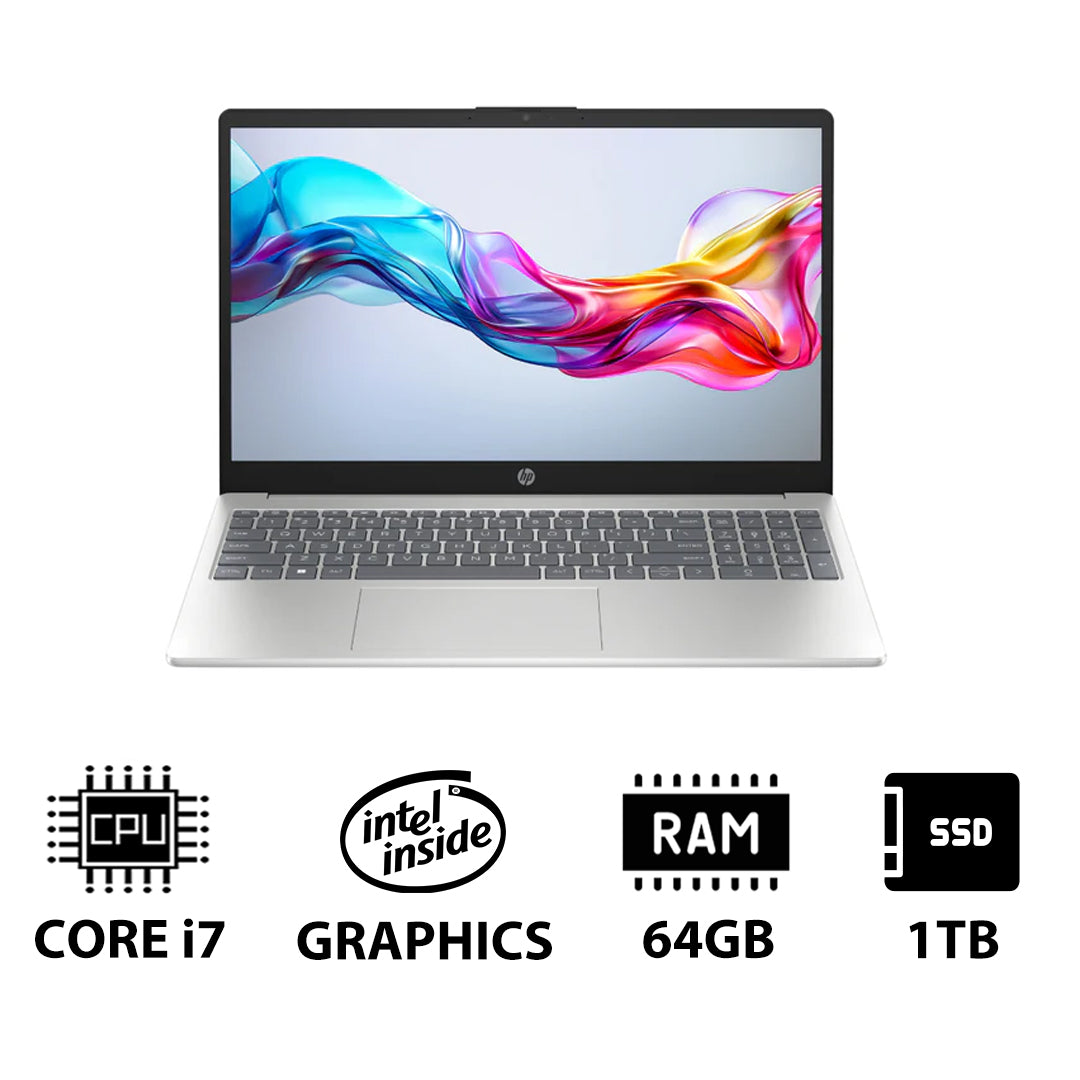 HP 15-FD0144NE - 15.6" FHD / i7 / 64GB / 1TB (NVMe M.2 SSD) / DOS (Without OS) / 1YW / Natural Silver - Laptop