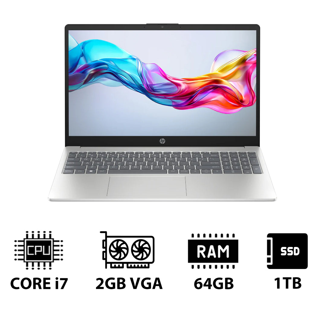 HP 15-FD0142NE - 15.6" FHD / i7 / 64GB / 1TB (NVMe M.2 SSD) / MX570 2GB VGA / DOS (Without OS) / 1YW / Natural Silver - Laptop