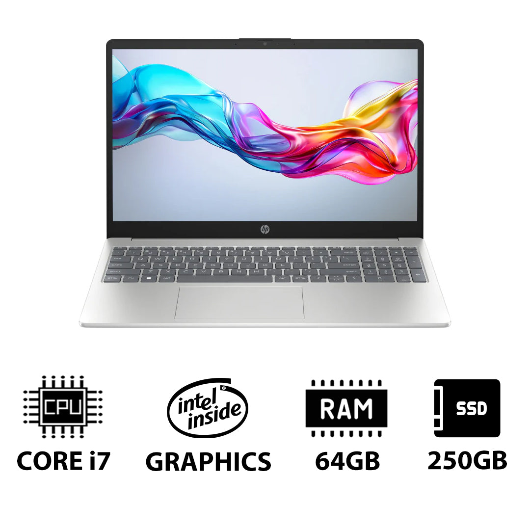 إتش بي 15-FD0146NE - 15.6" FHD / آي 7 / 64 جيجابايت / 250 64 جيجابايت / 250 64 جيجابايت (NVMe م.2 إس إس دي) / دوس (بدون نظام تشغيل) / ضمان سنة / طبيعي فضي - لابتوب