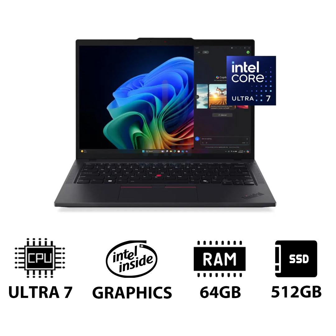 Lenovo ThinkPad T14 Gen 6 AI PC - 14.0" WUXGA / Ultra 7 255U / 64GB / 512GB (NVMe M.2 SSD) / AI Boost Up to 12 TOPS / WWAN / DOS (Without OS) / Arabic/English / 3YW / Black - Laptop