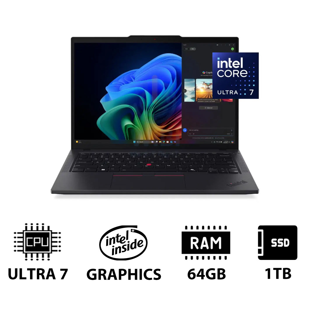 Lenovo ThinkPad T14 Gen 6 AI PC - 14.0" WUXGA / Ultra 7 255U / 64GB / 1TB (NVMe M.2 SSD) / AI Boost Up to 12 TOPS / WWAN / DOS (Without OS) / Arabic/English / 3YW / Black - Laptop