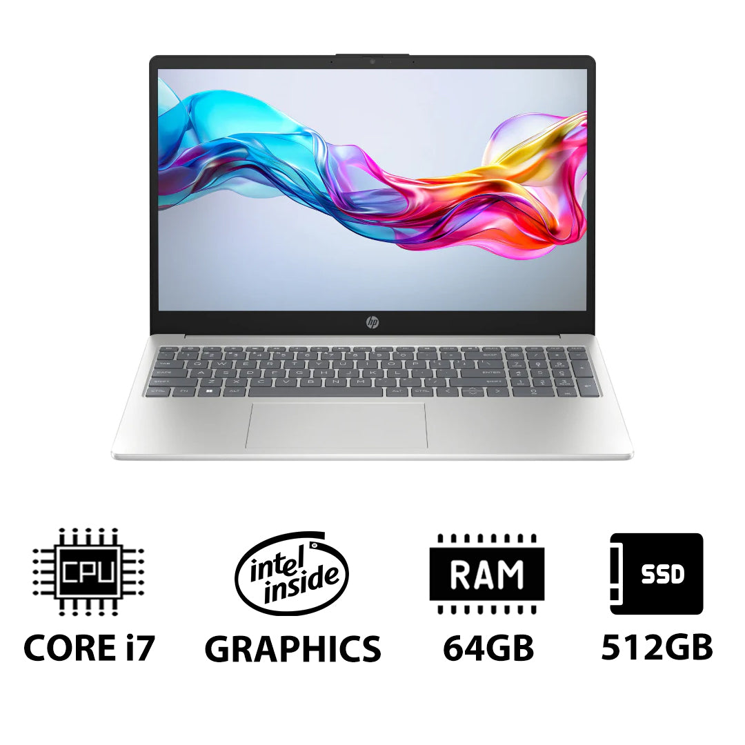 إتش بي 15-FD0146NE - 15.6" FHD / آي 7 / 64 جيجابايت / 512 جيجابايت (NVMe م.2 إس إس دي) / دوس (بدون نظام تشغيل) / ضمان سنة / فضي - لابتوب