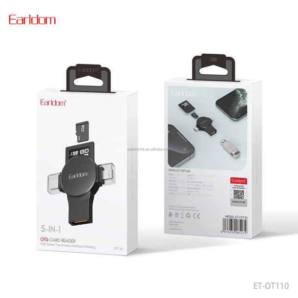 Earldom OT110 5-n-1 Card Reader - SD Card / Micro SD /  Type-C / Lighting / USB-A/ Black
