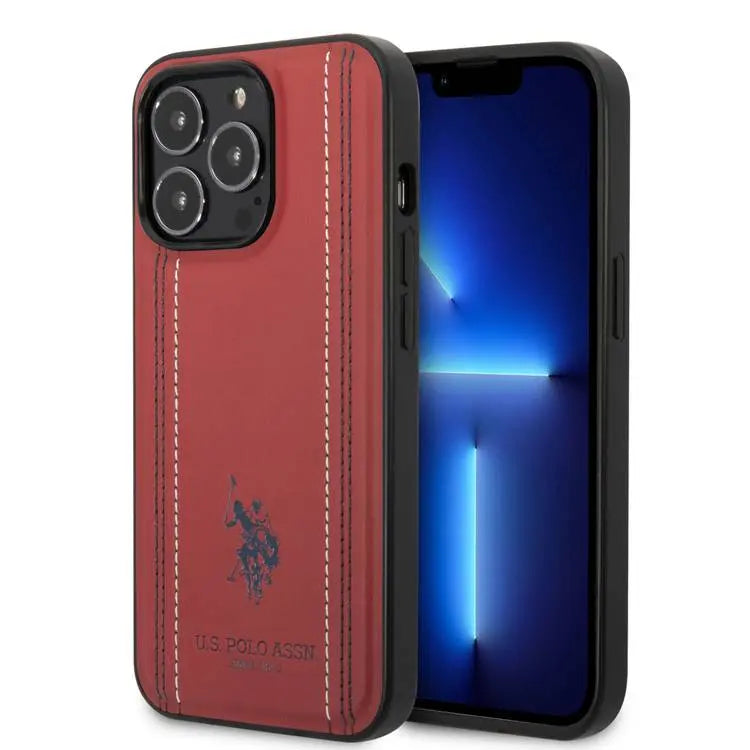 U.S. POLO ASSN. iPhone 14 Pro Max USPA PU Leather Case With Embossed Double Line & Horse Logo - Red
