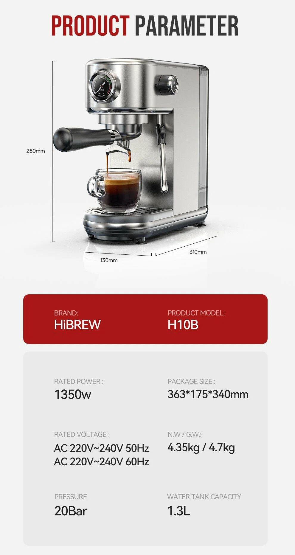 HiBREW 20Bar Semi Automatic Espresso Coffee Machine - H10B