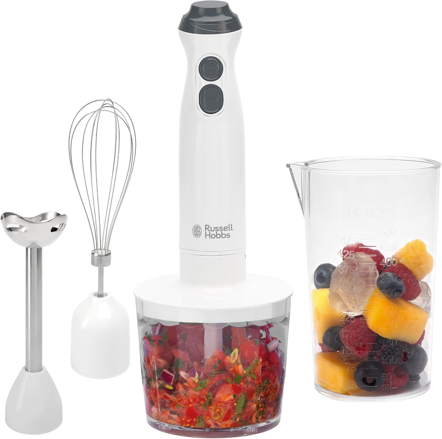 Russell Hobbs 600W Hand Blender Set, Variable Speed Blender with Chopper Attachment, 500ml Transparent Beaker, Stainless Steel Removable Leg, BPA Free & Dishwasher Safe, White – Model 27560
