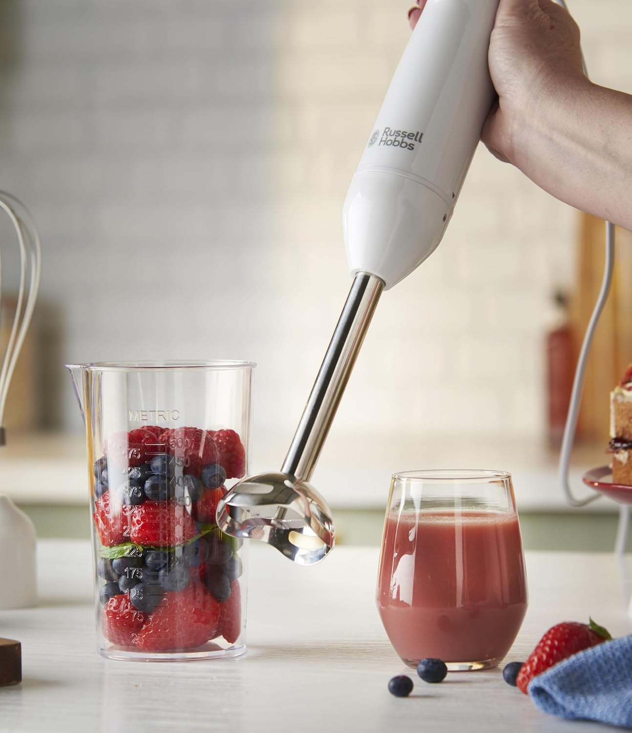 Russell Hobbs 600W Hand Blender Set, Variable Speed Blender with Chopper Attachment, 500ml Transparent Beaker, Stainless Steel Removable Leg, BPA Free & Dishwasher Safe, White – Model 27560