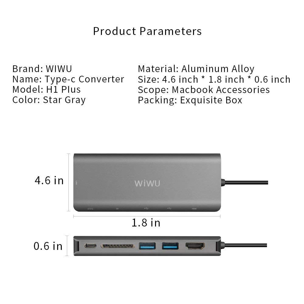 Wiwu Usb Type-C 6 In 1 Hub Aluminum Case For Macbook-H1+