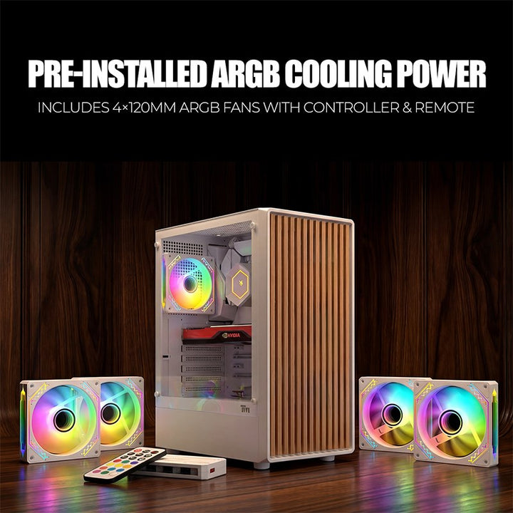 Twisted Minds WoodX Series ATX Mid Tower Gaming Case - White (4 ARGB Fans Included)