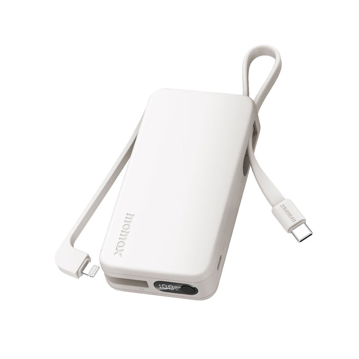 MOMAX 1-Power Vital+ Power Bank With Built-In Cable - 10000mAh / USB-C / Lightning / White