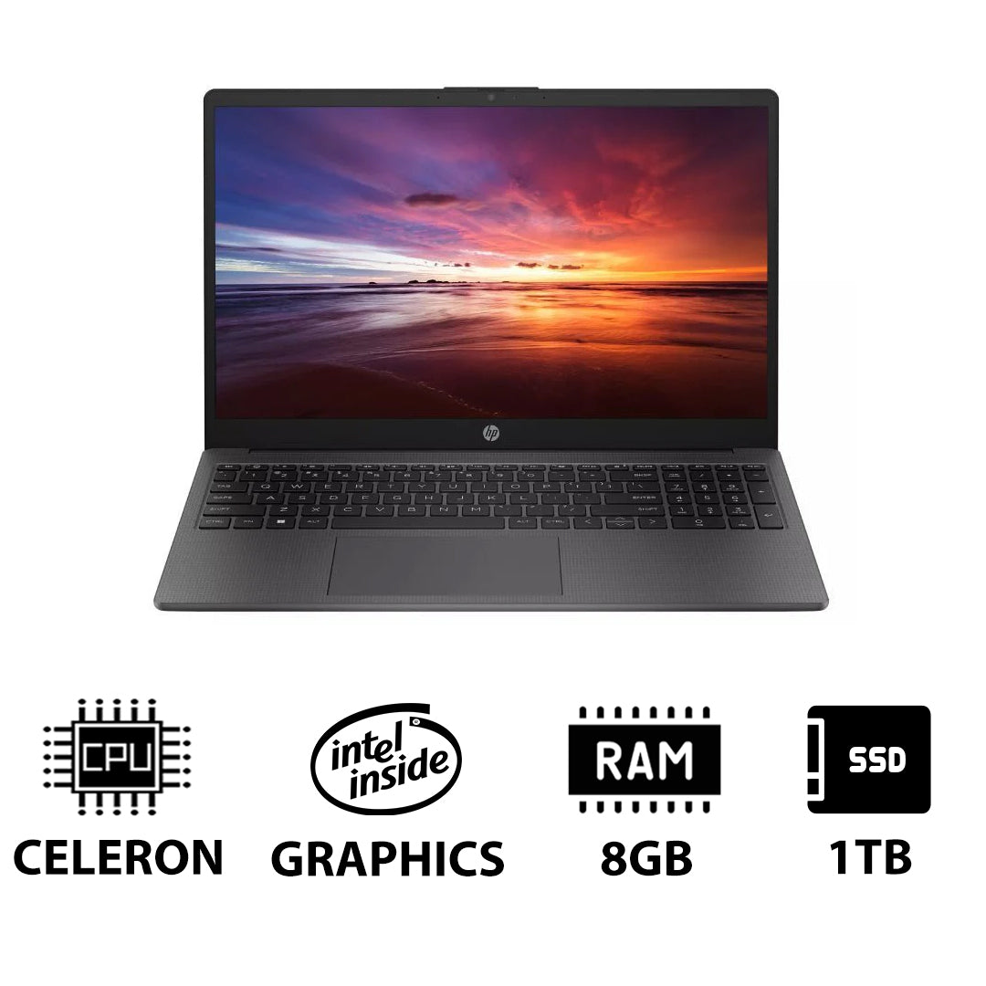 HP 250 G10 - 15.6" HD / Celeron / 8GB / 1TB (NVMe M.2 SSD) / DOS (Without OS) / 1YW / Dark Ash Silver - Laptop