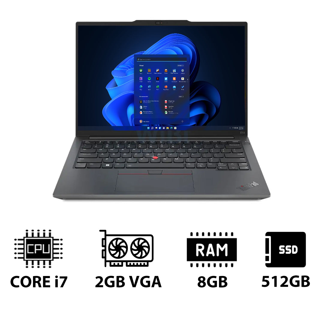 لينوفو ثينك باد E14 الجيل 5 - 14.0" WUXGA / آي 7 / 8 جيجابايت / 512 جيجابايت (NVMe م.2 إس إس دي) / 2 جيجابايت في جي إيه / ويندوز 11 برو  ويندوز 11  / ضمان سنة / عربي / عربي / الإنجليزية / جرافيت أسود  لابتوب مع لينوفو 15.6 بوصة لابتوب عادي توب لابتوب