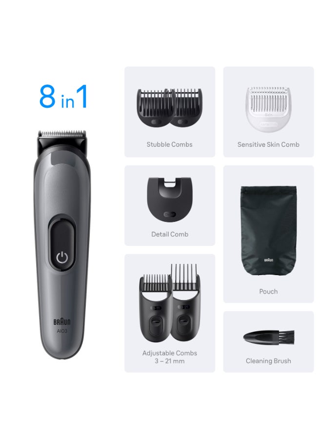 Braun All-in-One Series 3, 8in1 Grooming Kit, Ultra Sharp Blade, 14 Lengths, AIO3540 Metallic Black