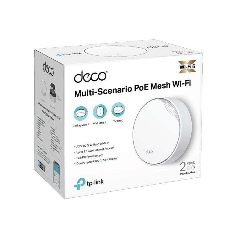 TP-Link (Deco X50-PoE) AX3000 Whole Home Mesh WiFi 6 System with PoE - 5GHz (2402 Mbps) / Gigabit LAN / (3-Pack)