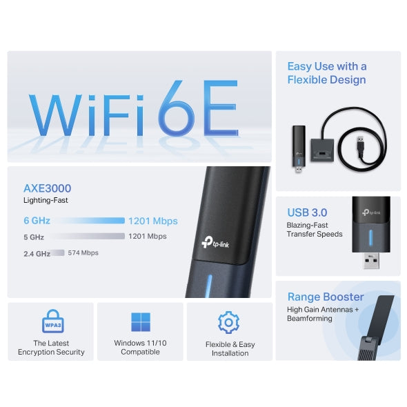 تي بي لينك أرتشر AXE3000 واي-فاي محوللاسلكي  عالي الكسب  معيو اس بي