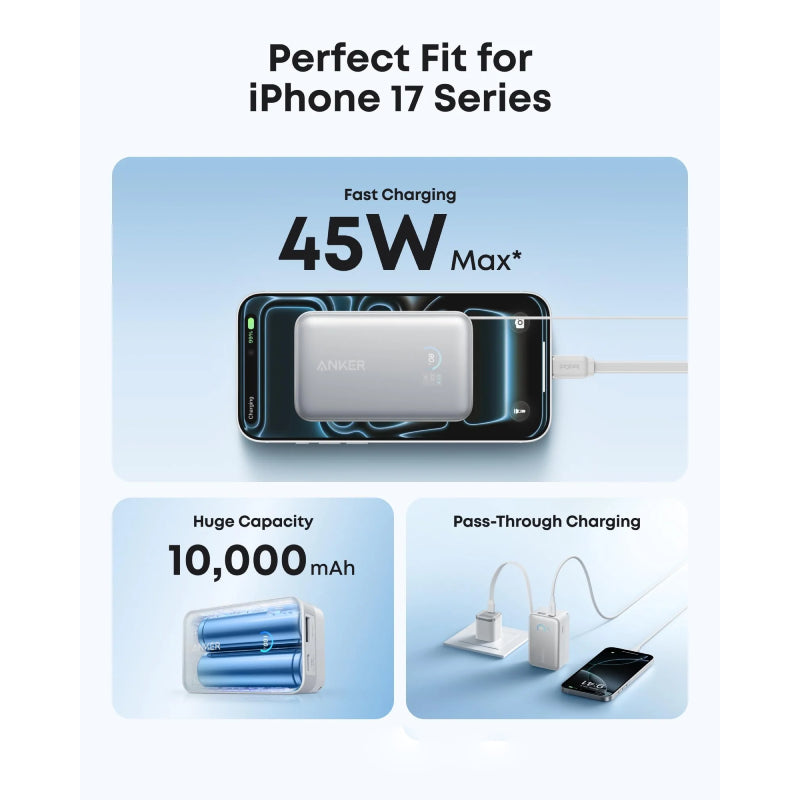 Anker Nano Power Bank Built-In Retractable USB-C Cable - 10,000mAh / 45W / White