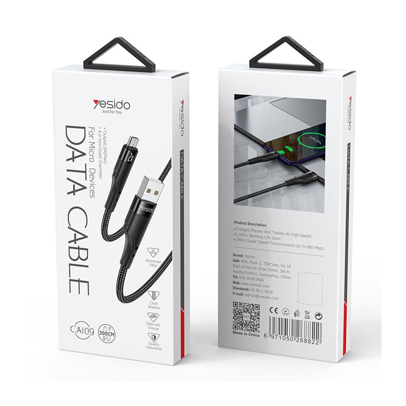 Yesido CA109 Fast Charging Data Cable - 3M / USB / Micro - Black