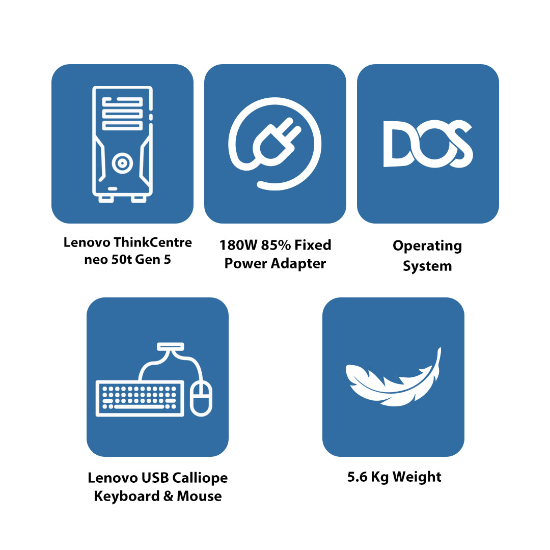 لينوفو ThinkCentre Neo 50t الجيل 5 - آي 5 / 8 جيجابايت / 512 جيجابايت (NVMe م.2 إس إس دي) / دوس (بدون نظام تشغيل) NVMe م.2 إس إس دي) / دوس (بدون نظام تشغيل) / ضمان سنة  أسود / أسود  كمبيوتر مكتبي