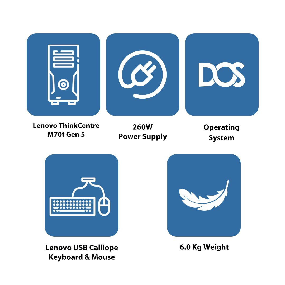 لينوفو ثينك سنتر M70t الجيل 5 - آي 5 / 8 جيجابايت / 512 جيجابايت (NVMe م.2 إس إس دي) / دوس (بدون نظام تشغيل) / ضمان سنة - كمبيوتر مكتبي