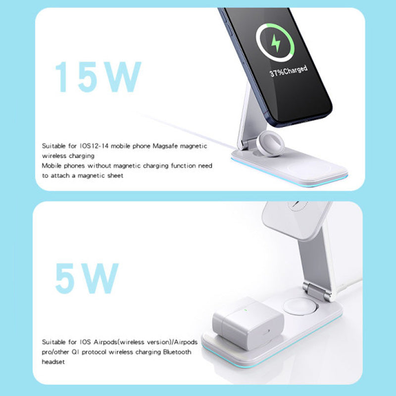 Yesido DS17 Magnetic 3 In 1 Foldable Wireless Charging Dock Stand - 15W / Wireless / Type-C - White