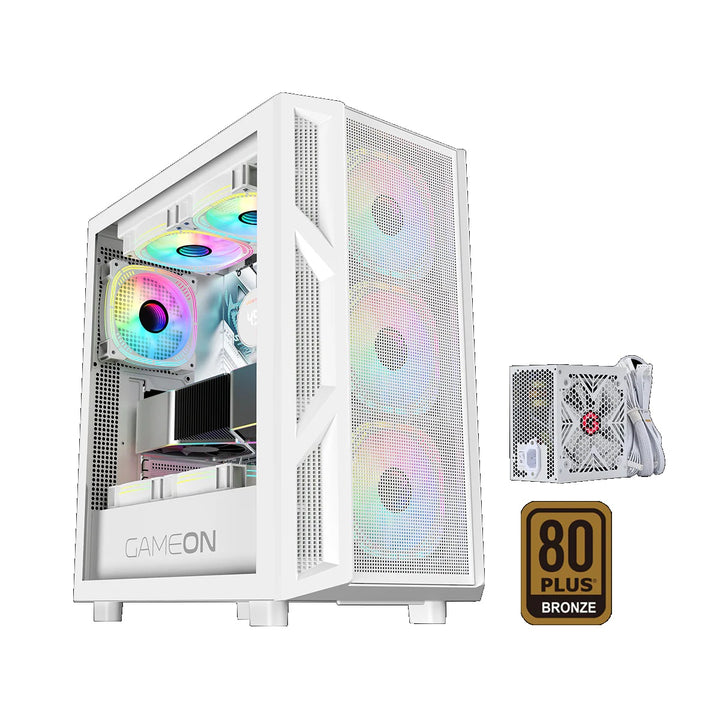 GAMEON TridentIV 4 Mid Tower Gaming Case ARGB fans+control+remote set+ 750W PSU (pre-install） - White