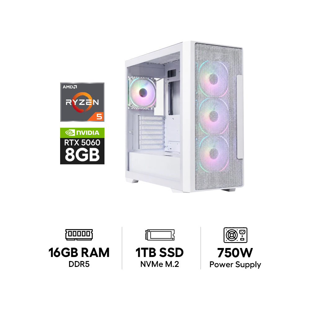 GPro Gaming PC - AMD Ryzen 5-9600X / B650M Motherboard / 16GB DDR5 RAM / 1TB (NVMe M.2 SSD) / NVIDIA GeForce RTX 5060 8GB Graphic Card / Win 11 Pro / 750W Power Supply