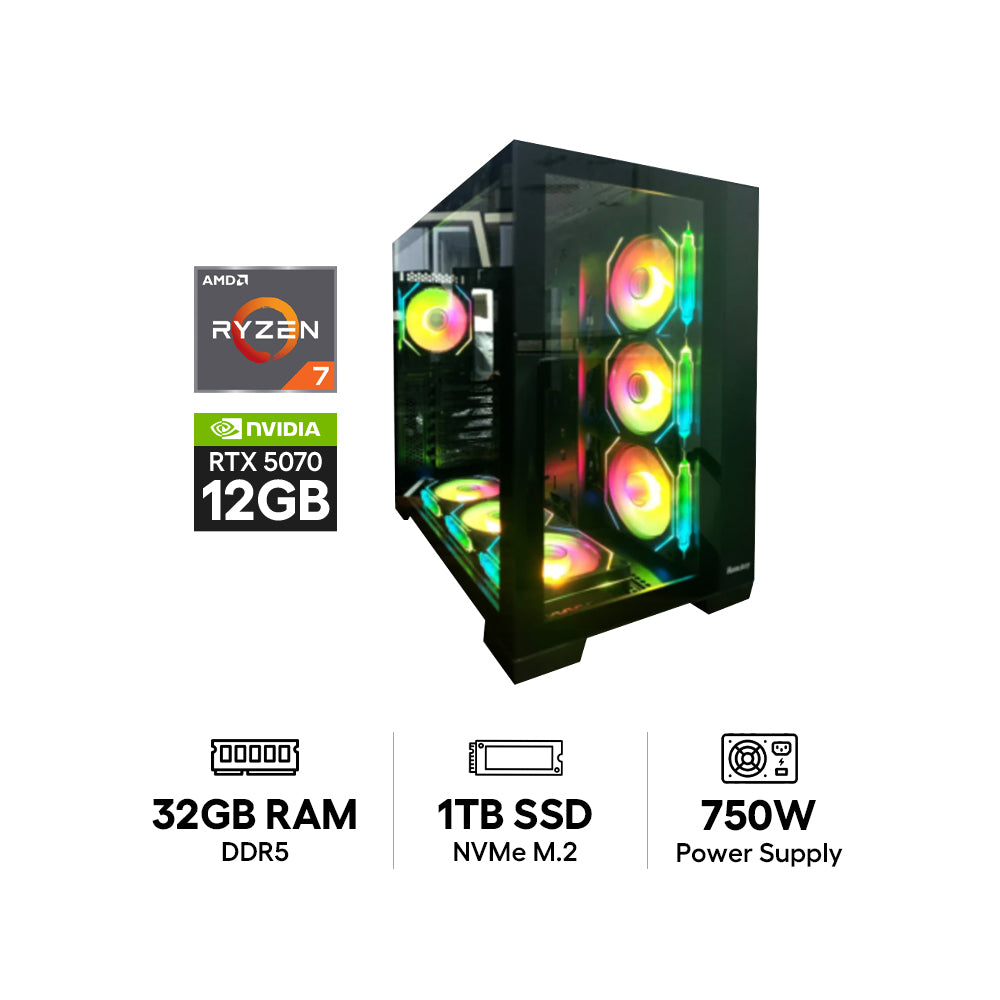 جهاز كمبيوتر  الألعاب  من GoProجهاز كمبيوتر  معالج AMD Ryzen 7-9800X3D / اللوحة الأم B850-S المزودة بواي فاي / رام  32 جيجابايت  رام  1 تيرابايت NVMe م.2 إس إس دي) / بطاقة  12 جيجابايت NVIDIA GeForce RTX 5070 س 12 جيجابايت  بطاقة  ويندوز 11 برو مزود طاقة  750 واط