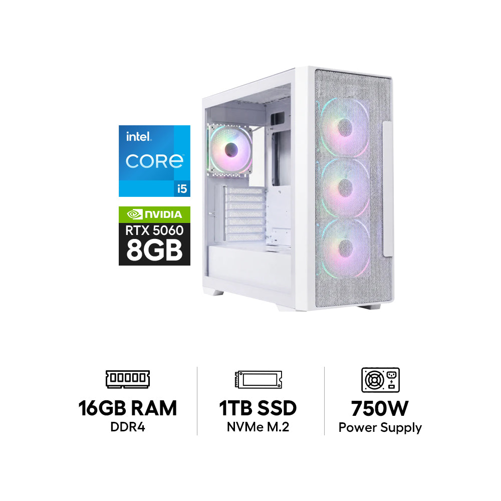 GPro Gaming PC - Intel Core i5-14400F / H610M Motherboard / 16GB DDR4 RAM / 1TB (NVMe M.2 SSD) / NVIDIA GeForce RTX 5060 8GB Graphic Card / Win 11 Pro / 750W Power Supply