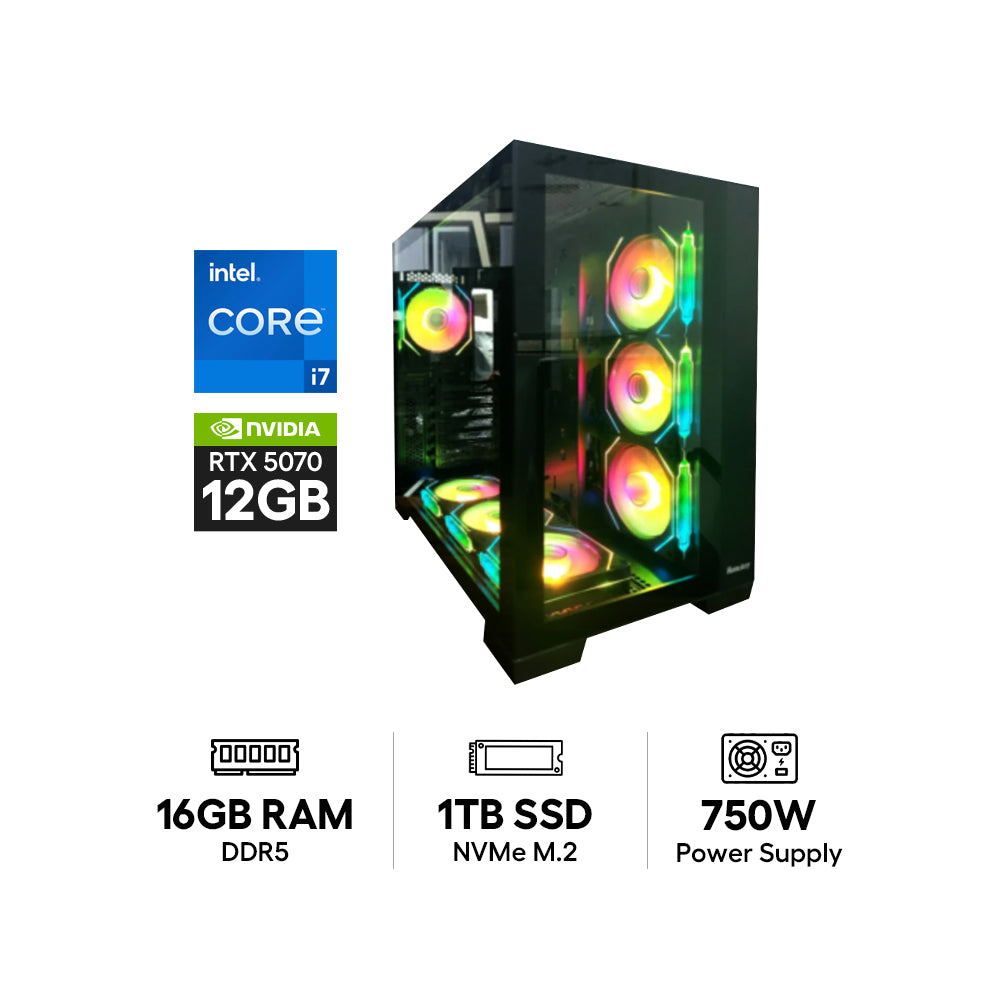 GPro Gaming PC - Intel Core i7-14700KF / Z790-P WIFI Motherboard / 16GB DDR5 RAM / 1TB (NVMe M.2 SSD) / NVIDIA GeForce RTX 5070 12GB Graphic Card / Win 11 Pro / 750W Power Supply