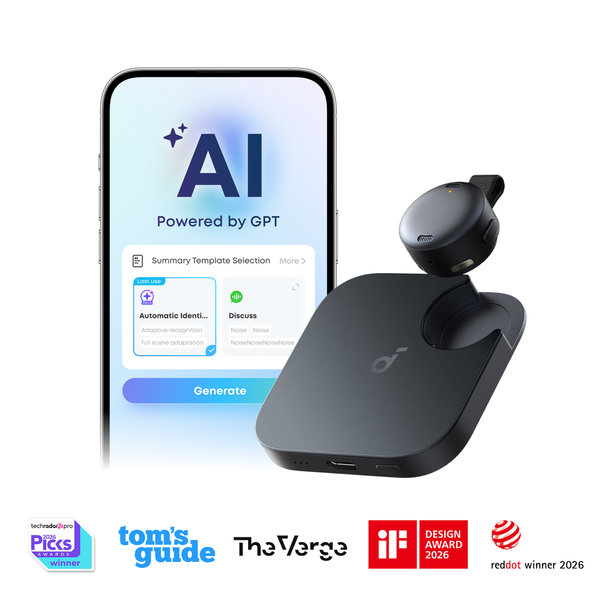 Anker Soundcore Work Coin-sized Wearable AI Note Taker Voice Recorder - Black