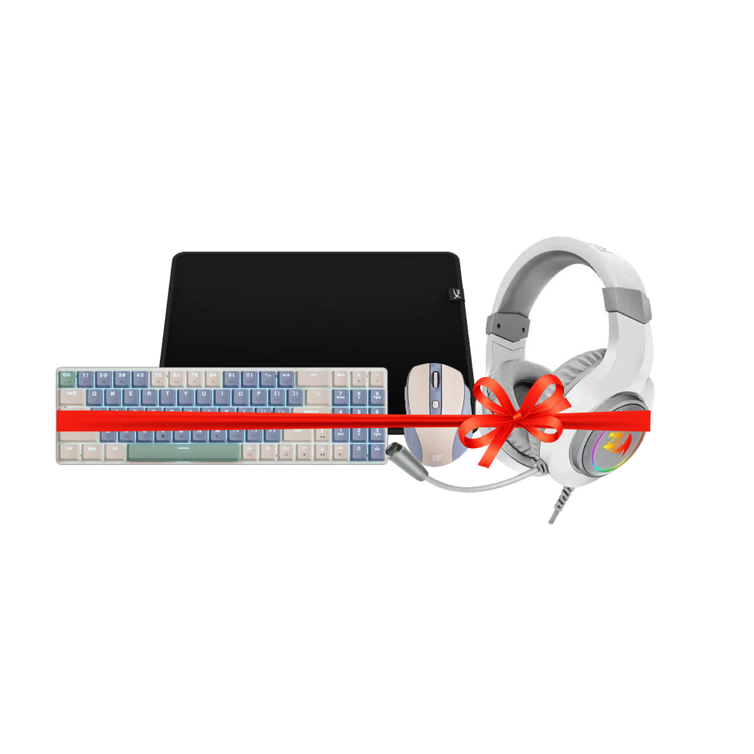 Redragon H260 HYLAS Wired Headphone - USB + 3.5mm / White + Redragon BS8772 Wireless Keyboard and Mouse Combo - Lollipop Blue + HyperX Pulsefire Mat Gaming Mouse Pad - Medium / Black - Bundle Offer