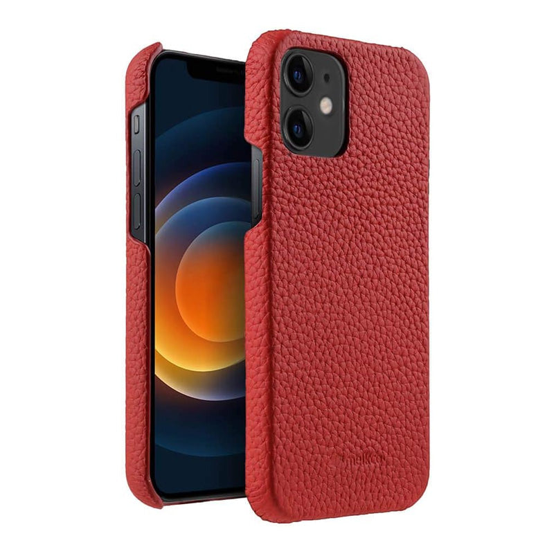 Melkco Back Snap Series Lai Chee Pattern Premium Leather Snap Cover Case - Apple iPhone 12/12 Pro / Red