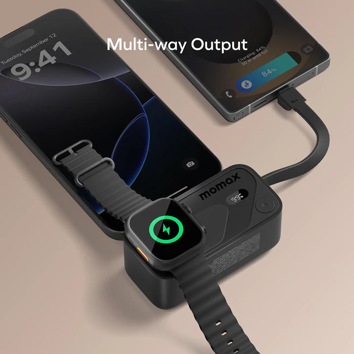 MOMAX 1-Power X Pro Mini⁺ Power Bank with Built-In USB-C Cable & Apple Watch Fast Charger - 5000mAh / Black