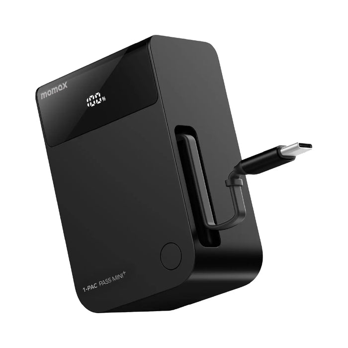MOMAX 1-Pac Pass Mini⁺2-in-1 Power Bank With Built-In Cable - 10000mAh / 45W /USB-C / USB-A / Black